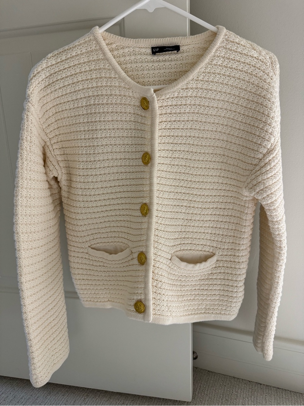 GAP Cream Textured Button-Front Sweater gold buttons size small like new